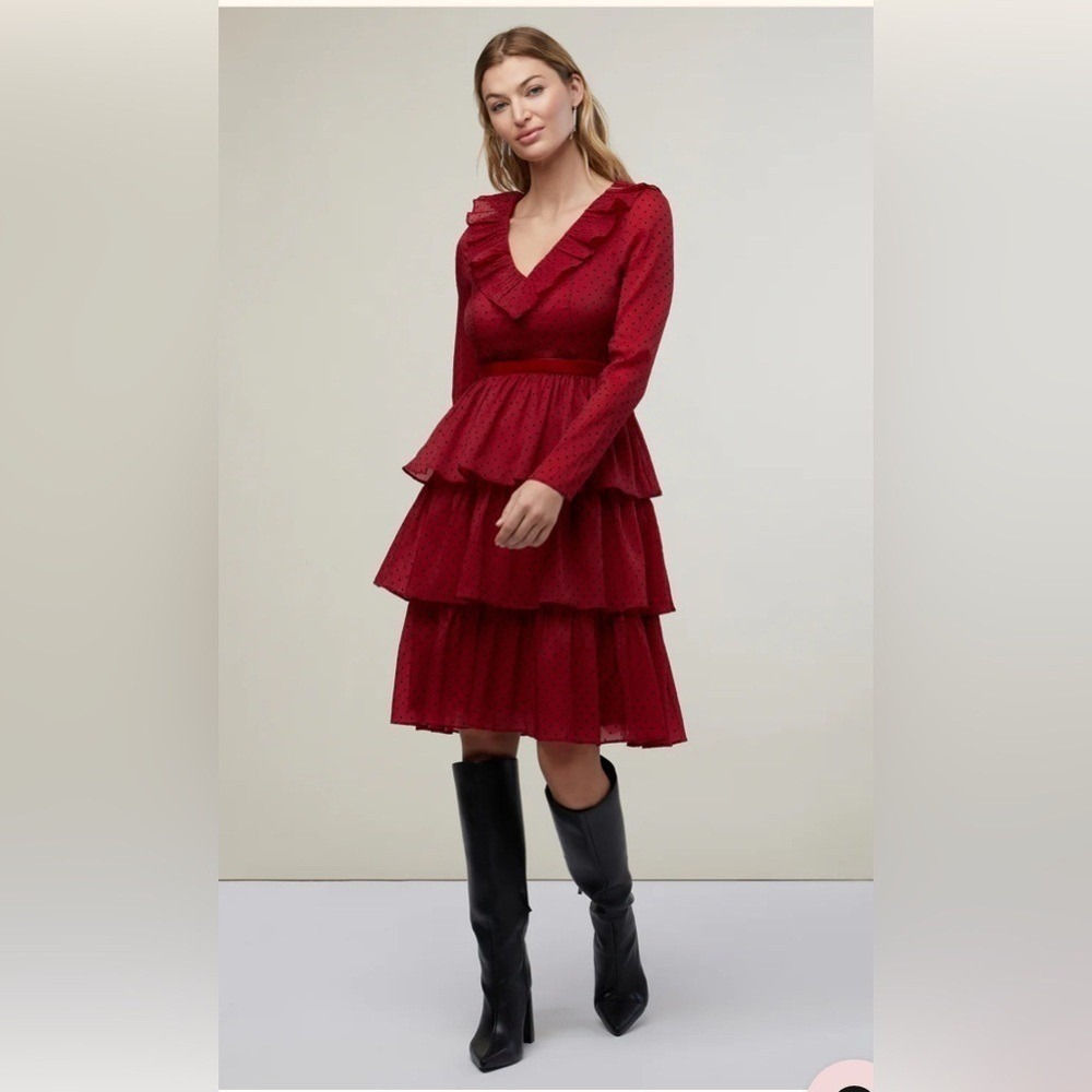 Rachel parcell Women's Red‎ Black Polka Dot Long Sleeve Tiered Ruffle Dress 8